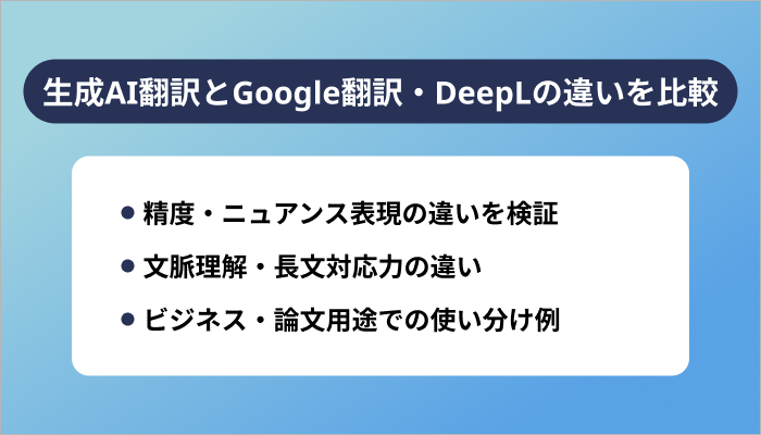 生成AI翻訳とGoogle翻訳・DeepLの違いを比較
