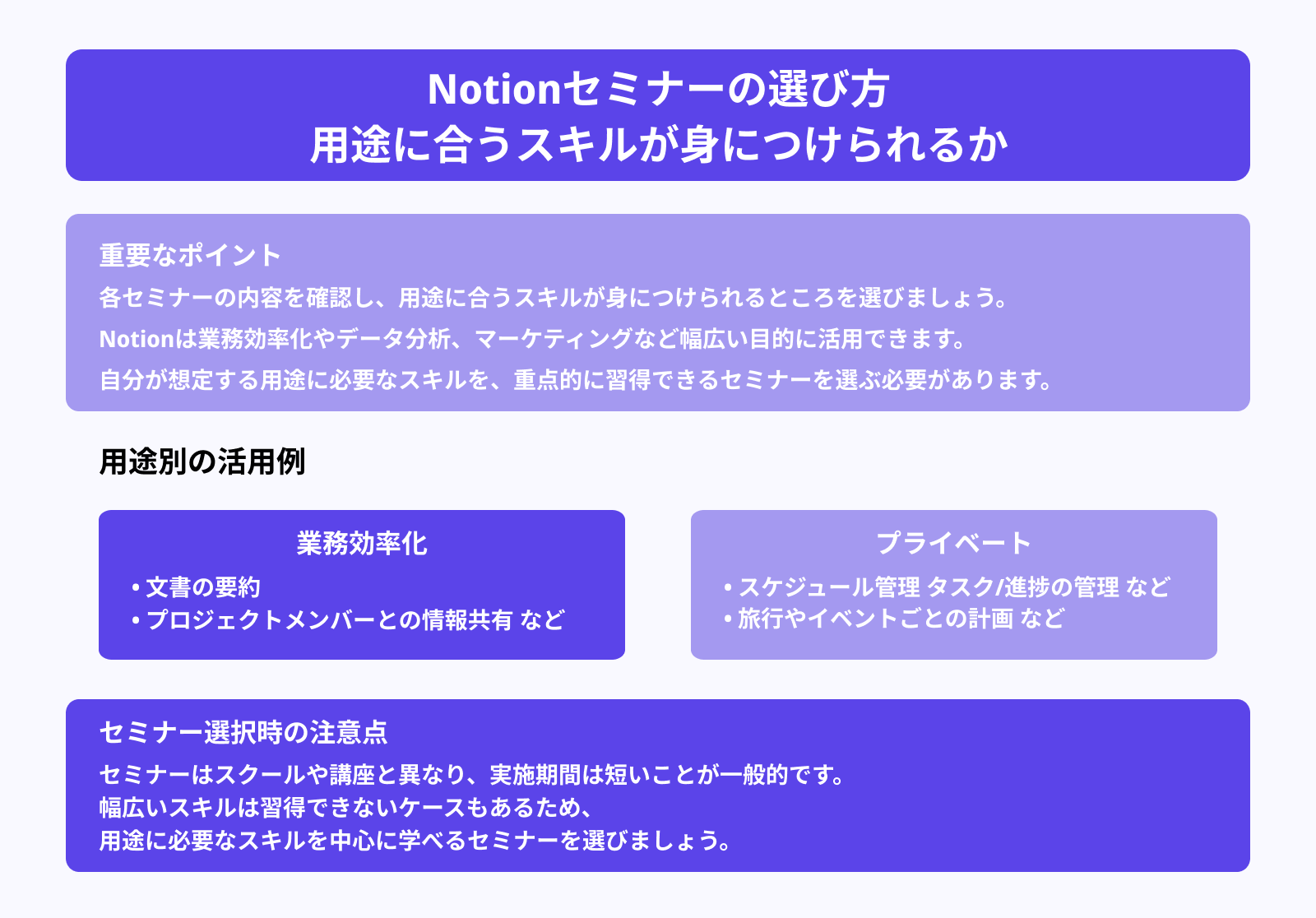 Notionセミナーの選び方 用途に合うスキルが身につけられるか